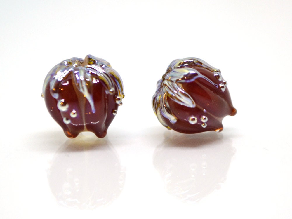 Flower lampwork bead, 10mm Dark red flower bud with silver, Artisan lampwork bead sets, Floral lampwork Bordeaux Garnet Glass beads Handmade