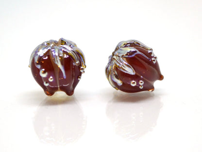 Flower lampwork bead, 10mm Dark red flower bud with silver, Artisan lampwork bead sets, Floral lampwork Bordeaux Garnet Glass beads Handmade