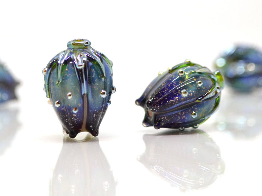 glitter blue glass beads dark blue purple sparkle bead bling beads stardust beads flower lampwork bead floral pendant sparkly dichroic glass