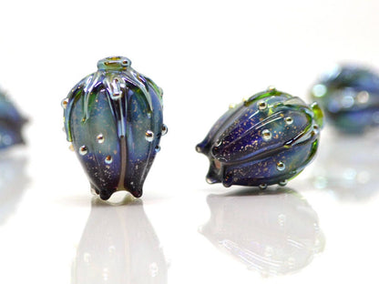 glitter blue glass beads dark blue purple sparkle bead bling beads stardust beads flower lampwork bead floral pendant sparkly dichroic glass