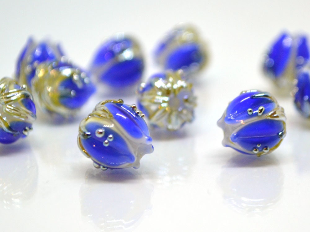 Dark blue bead with gold drops, 10mm Handmade Lampwork flower bead, Floral Lampwork, Cobalt blue beads, Jewelry supplies, Beads for crafts