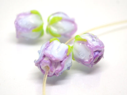 Lavender white rosebud beads, Purple flower lampwork, Glass rose beads, Spring lampwork, Artisan lampwork, Floral Jewelry, Lampwork pair