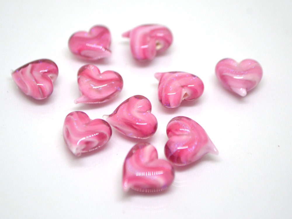 Pink heart beads, Pink glass bead, Heart jewelry making, Sparkle Lampwork heart, Heart shape, Glass Heart charm, Half-drilled beads