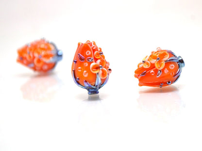 Orange silver flower bouquet lampwork beads, Bright lampwork beads, Artisan lampwork, SRA beads