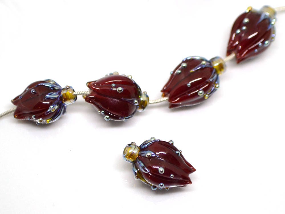 bordeaux red glass flower beads lampwork handmade beads artisan lampwork flower bead sculpture flower focal bead dark red brutalist jewelry