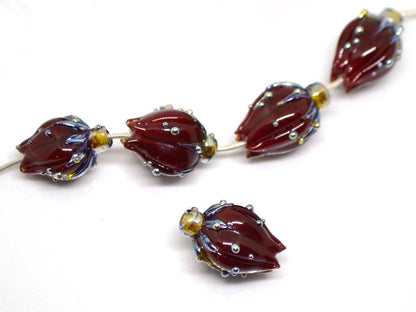 bordeaux red glass flower beads lampwork handmade beads artisan lampwork flower bead sculpture flower focal bead dark red brutalist jewelry