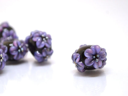 flower lampwork bead black glass beads bracelet artisan lampwork handmade glass bead black purple flower lavender flower earrings necklace