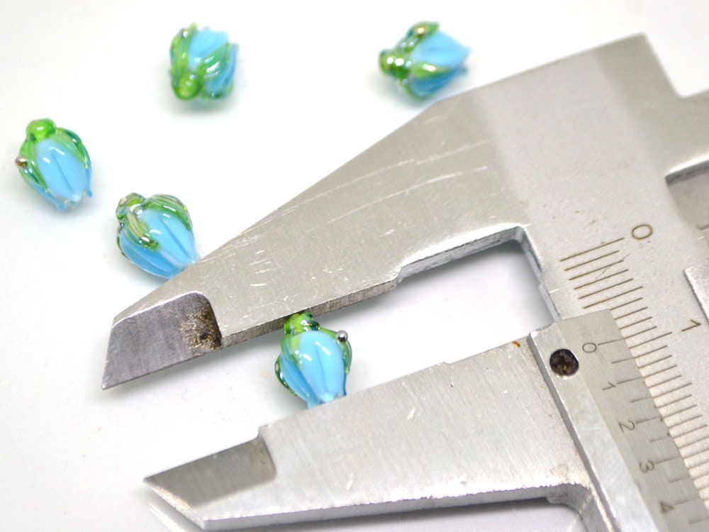 Aquamarine blue lampwork beads, Blue green flower beads, 9mm flower beads, Flower bud beads, Artisan lampwork