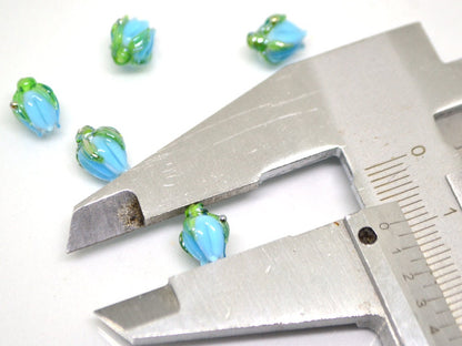 Aquamarine blue lampwork beads, Blue green flower beads, 9mm flower beads, Flower bud beads, Artisan lampwork