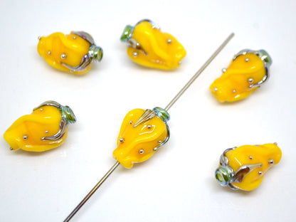 Yellow twisted rosebud  beads, Honey yellow Glass Bead, Flower lampwork bead, Artisan lampwork beads, Bright colors