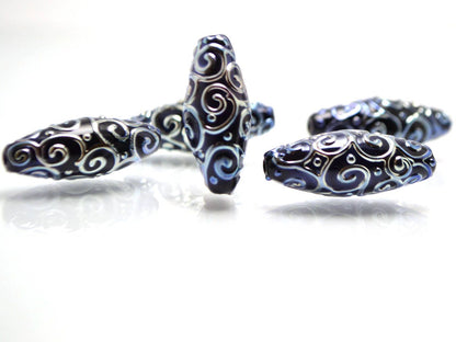 black and silver artisan lampwork beads set  oval beads jewelry making rhombus curls bead chic sparkly beads large beads christmas bead