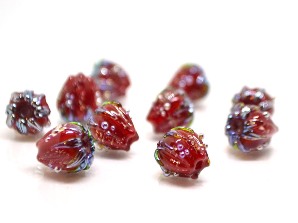 Bright red sparkle flower beads with silver dots, Floral lampwork, 10mm glass beads