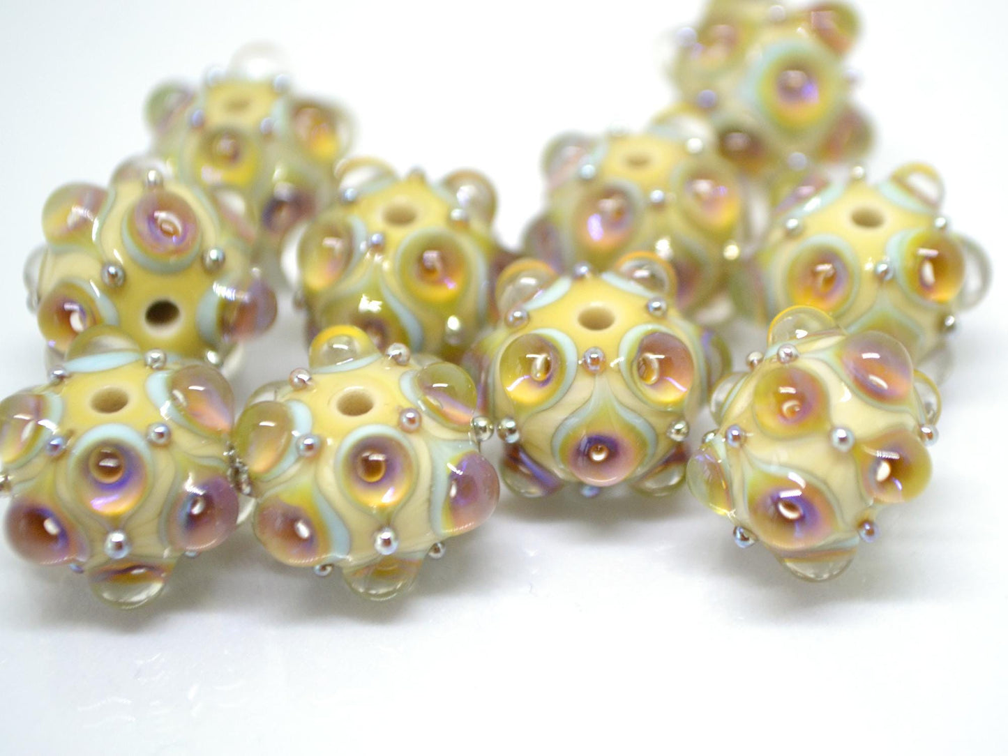 Beige purplish Lampwork bead, Ivory glass beads, Pastel lampwork beads, Focal beads, Artisan lampwork, Handmade bead, Rondelle beads