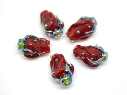 Red bud rose beads, Lampwork Glass Rose Bud Bead, Flower lampwork bead, Focal lampwork beads