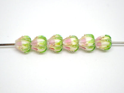 Pink milk glass beads, 10mm flower beads, Two tone beads, Floral theme beads, Floral lampwork, Artisan lampwork, bud green leaf, Jewelry