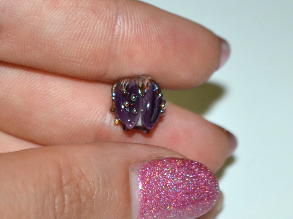 Dark Purple flower beads silver dots, 10mm glass beads, Artisan lampwork, Floral beads, Luxury beads, 3d flower bead, Handmade flower glass