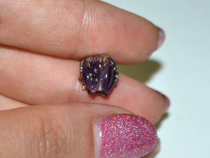 Dark Purple flower beads silver dots, 10mm glass beads, Artisan lampwork, Floral beads, Luxury beads, 3d flower bead, Handmade flower glass