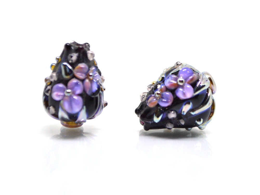 Purple black flower bouquet lampwork beads, Lampwork earrings DIY, SRA lampwork, Artisan lampwork, Designer beads, 17-21mm glass beads