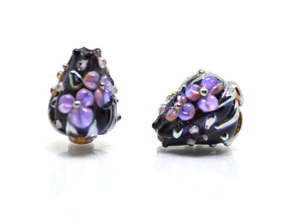 Purple black flower bouquet lampwork beads, Lampwork earrings DIY, SRA lampwork, Artisan lampwork, Designer beads, 17-21mm glass beads