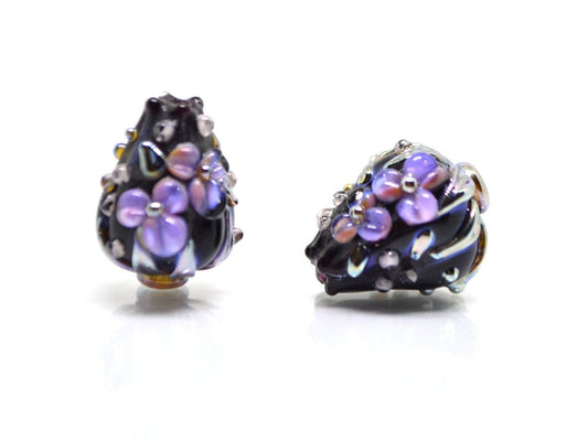 Purple black flower bouquet lampwork beads, Lampwork earrings DIY, SRA lampwork, Artisan lampwork, Designer beads, 17-21mm glass beads