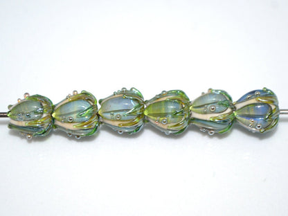 Olive green flower lampwork beads, Pale green glass beads, 10mm flower beads, Artisan lampwork garden floral theme beige gold jewelry supply