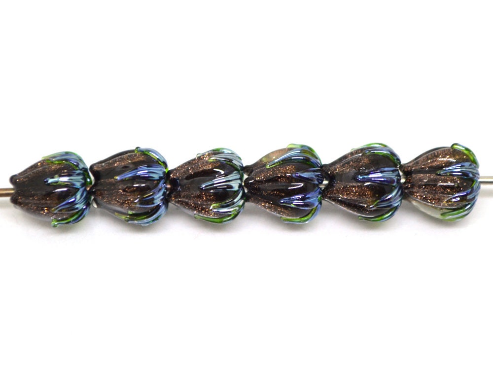 Aventurine glass beads, 10mm flower beads, Gold sand glass bead, Brown Floral lampwork, Sparkle flower bead, Floral theme beads Fall jewelry