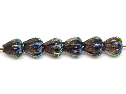 Aventurine glass beads, 10mm flower beads, Gold sand glass bead, Brown Floral lampwork, Sparkle flower bead, Floral theme beads Fall jewelry