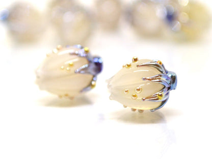 White opaque flower beads, White purple gold lampwork beads, Floral lampwork, White milk beads