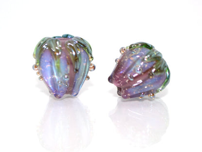 Purple lavender sparkling flower beads green leaves, stardust flower, 10mm flower beads, Glass flower beads Floral lampwork Artisan lampwork