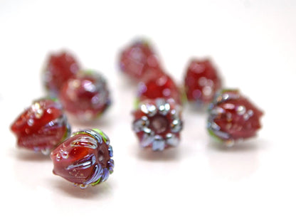 Bright red sparkle flower beads with silver dots, Floral lampwork, 10mm glass beads