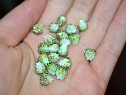 Mint green flower beads with gold leaves, Small glass beads, 7mm flower beads, Tiny lampwork beads