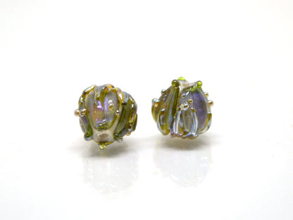 Olive gold flower beads, 7mm glass beads, Small flower beads, Tea green floral beads, Tiny flower beads