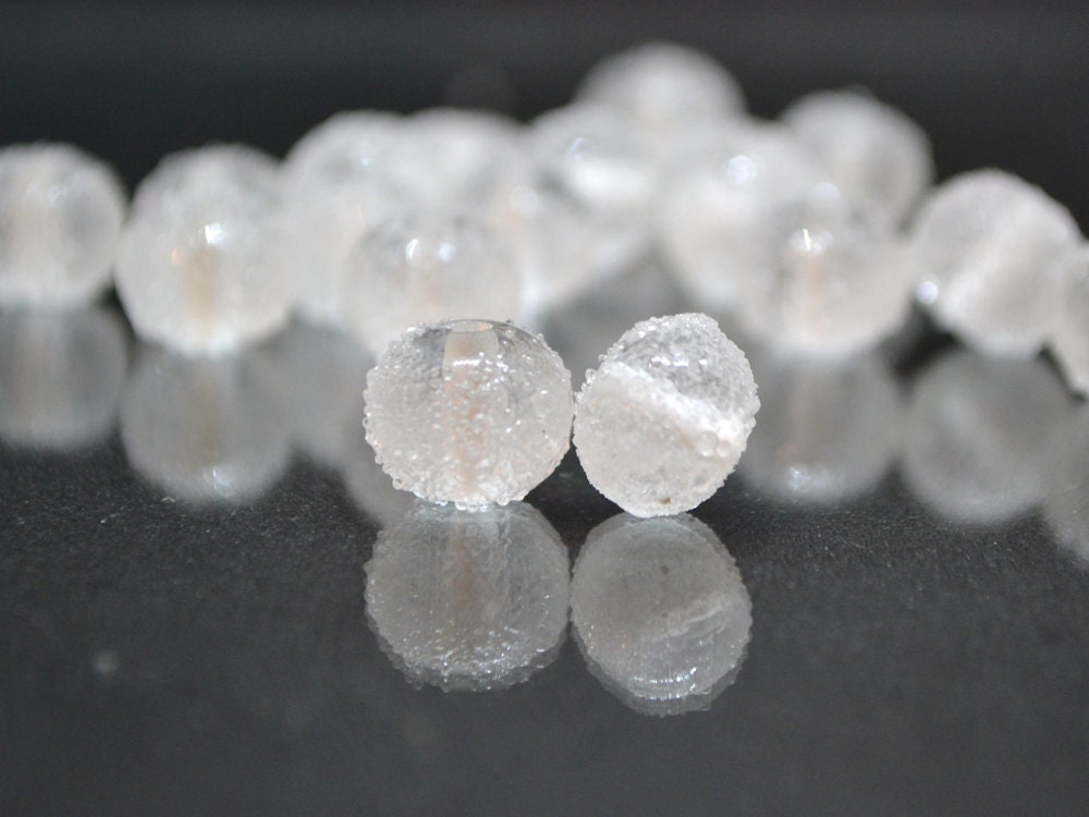 White frosted glass beads, Freeze glass beads, Icy lampwork beads, Rondelle glass beads, Sugar glass beads