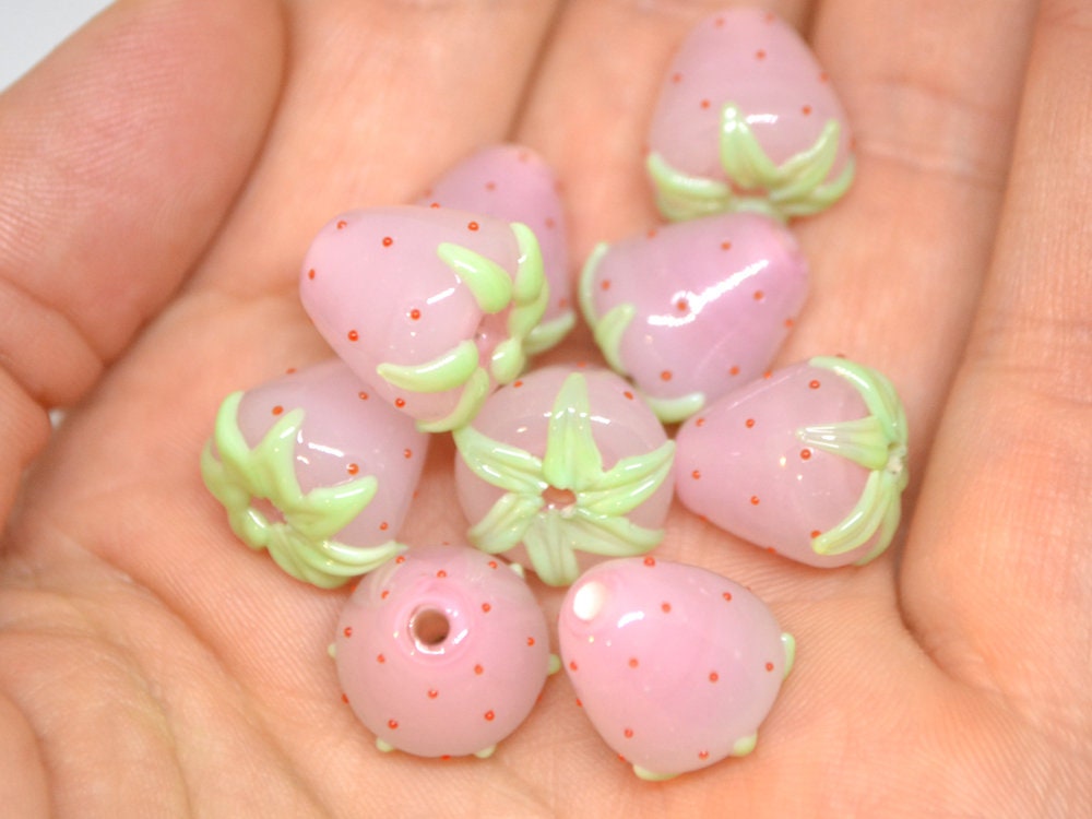 Pink Strawberry glass beads, Lampwork berries, Lampwork strawberry, Glass Berry beads, Garden beads, Nature inspired, Forest glass beads