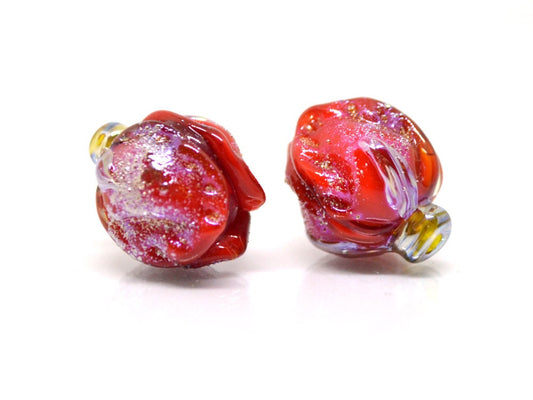 Scarlet red rose bud beads, Glitter Lampwork Bead, Stardust Flower lampwork beads, Sparkling beads, Glitter beads