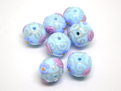 Venetian glass beads - Sky blue handmade beads with pink flowers and gold swirl, Artisan Lampwork Vintage glass bead Rondelle Jewelry making