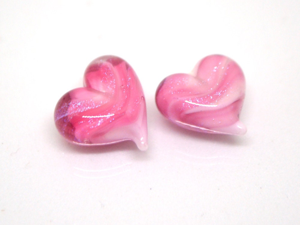 Pink heart beads, Pink glass bead, Heart jewelry making, Sparkle Lampwork heart, Heart shape, Glass Heart charm, Half-drilled beads