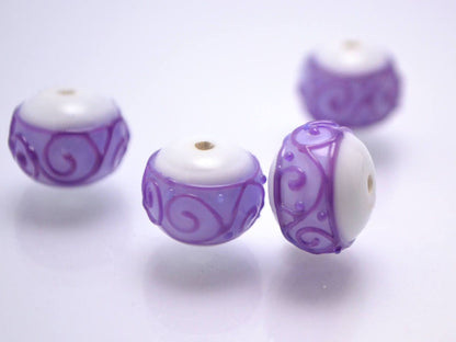 white purple lampwork glass rondelle bead handmade artisan lampwork bead set jewelry making earrings violet curl texture swirl carved beads