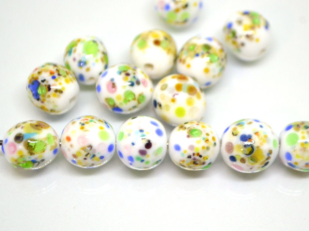 Colorful dots on white murano glass beads, Rainbow glass beads, Ethnic beads, Venetian style beads, Handmade beads, Artisan lampwork
