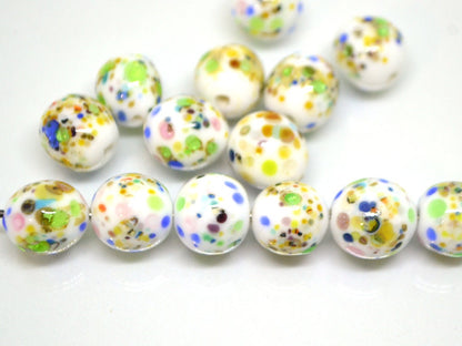 Colorful dots on white murano glass beads, Rainbow glass beads, Ethnic beads, Venetian style beads, Handmade beads, Artisan lampwork
