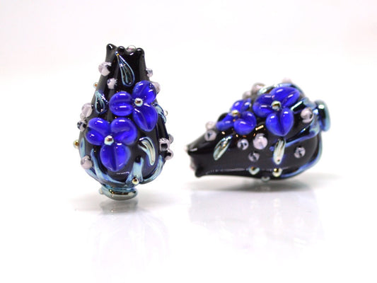Black and Blue flower beads,  bouquet lampwork beads, Cobalt blue floral beads, Black blue silver beads, Beads for earrings,Artisan lampwork