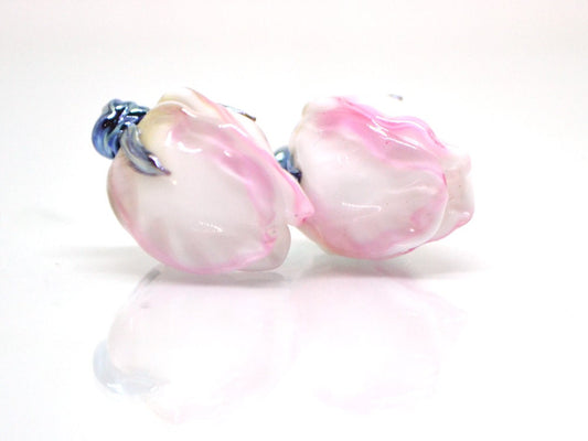 Tender pink flower beads, Lampwork floral beads, Glass flower beads, Pink silver floral beads, Artisan lampwork, Flower earrings DIY