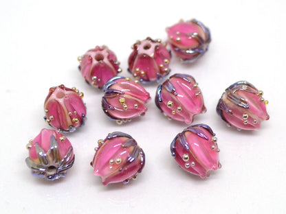 Bright pink flower beads silver, 10mm flower beads, lampwork rose buds, floral theme beads, Floral lampwork, Lampwork bead set, Handmade