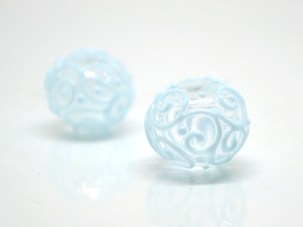 Clear hollow glass beads with blue curls, Artisan lampwork beads, Winter glass beads, Snow design beads, Snow jewelry making