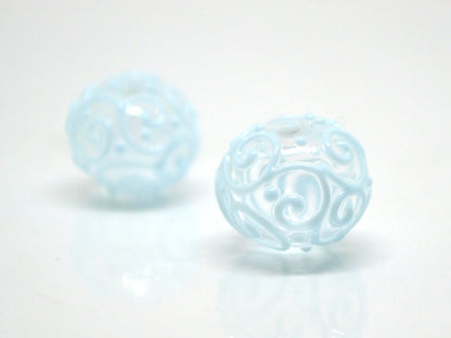 Clear hollow glass beads with blue curls, Artisan lampwork beads, Winter glass beads, Snow design beads, Snow jewelry making
