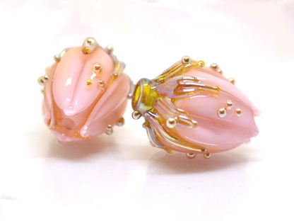Pastel pink and gold flower glass beads, Pale pink beads, Artisan lampwork, Light pink beads, Floral glass beads