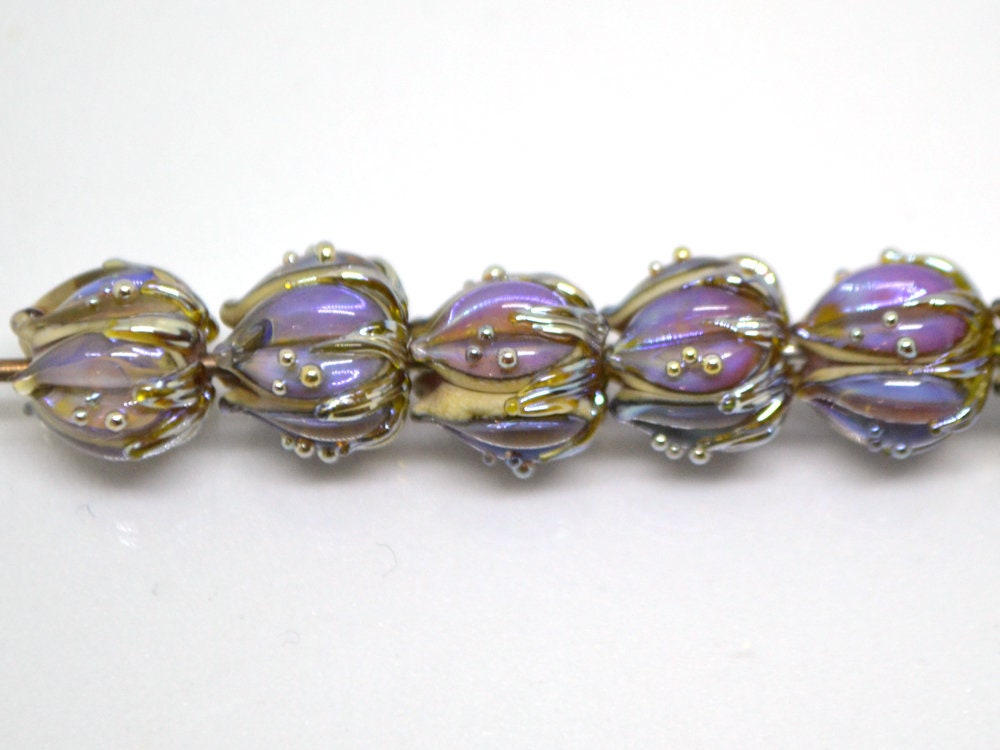 Purple gold glass beads, 10mm flower beads, Sparkle flower bead, Floral theme beads, Floral lampwork, Artisan lampwork, Lavender