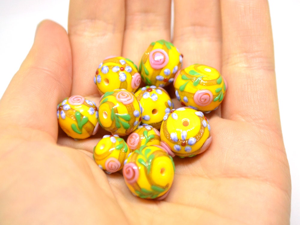 Sunny Yellow Glass beads, Vintage glass beads, Venetian Glass, One of a kind beads, Set of beads, Artisan lampwork