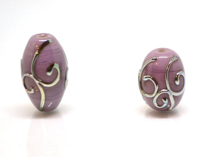 Purple glass lampwork oval beads with silver swirl texture lavender earrings beads, rhombus beads, oval glass beads, handmade glass beads