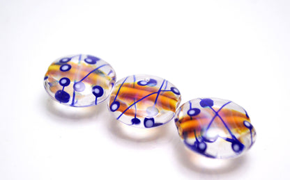 Lines glass beads for jewelry making set beads lampwork handmade artisan beads clear blue orange lentils lampwork necklace bead making